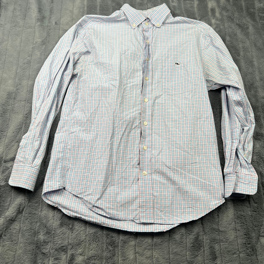 Vineyard Vines Mens Classic Fit Tucker Shirt Plaid Blue Pink Cotton Size M